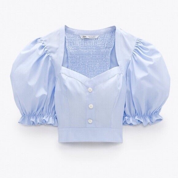 NWT Zara PEARL BUTTON CROP TOP Size XS Blue 7755/485/406 - Picture 2 of 8